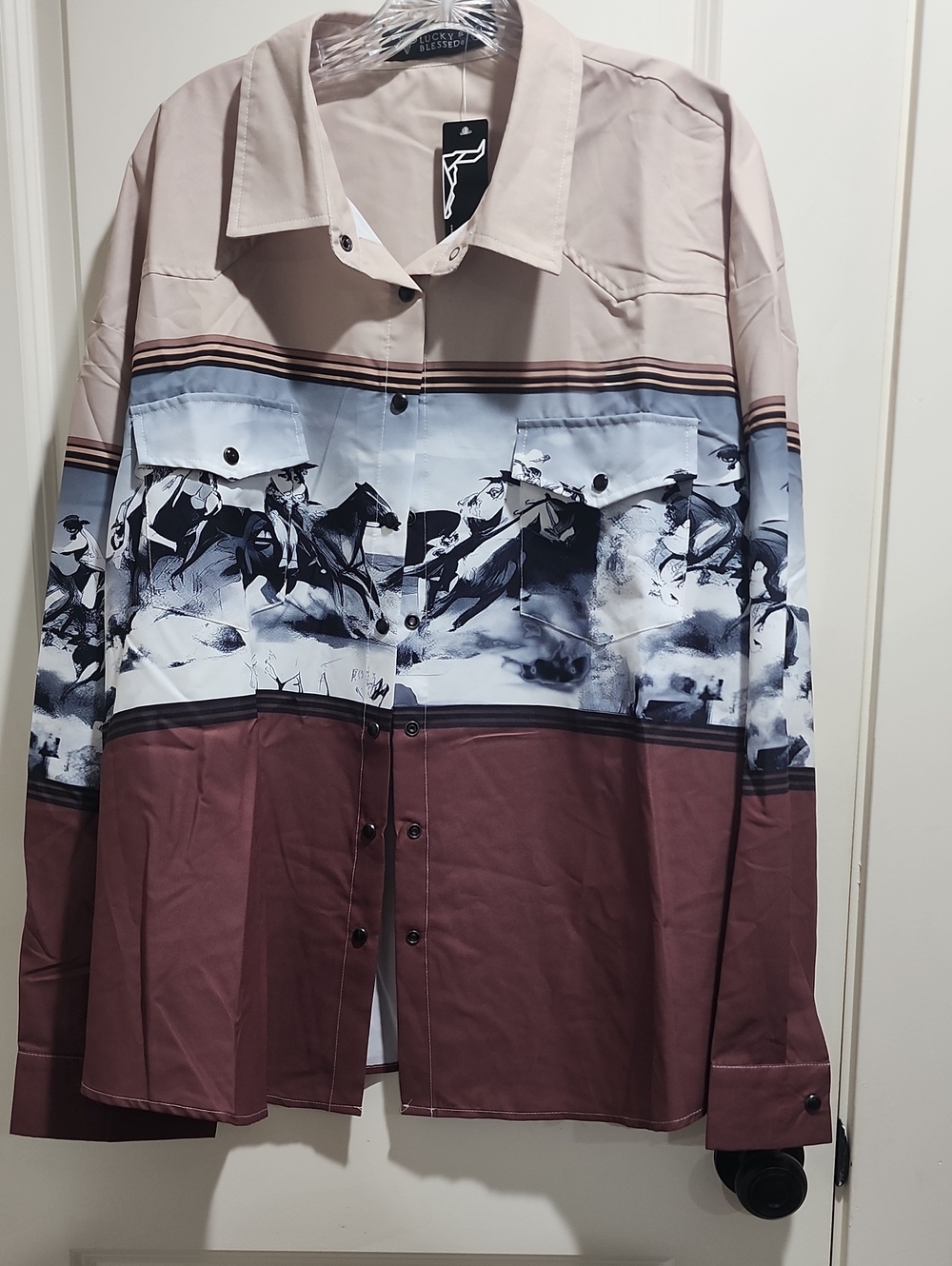 Western Print Panel Long-Sleeve Shirt Jacket - Beige & Brown